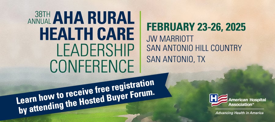 38th Annual AHA Rural Health Care Leadership Conference. February 23–26, 2025. San Antonio, Texas. JW Marriott San Antonio Hill Country. Learn how to receive free registration by attending the Hosted Buyer Forum.